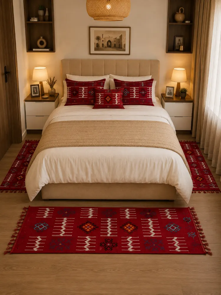 Handmade 3-Piece Red Wool Bedroom Rug Set